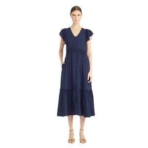Draper James Meg Midi Dress Blue XL, Smocked Waist Flutter Sleeve